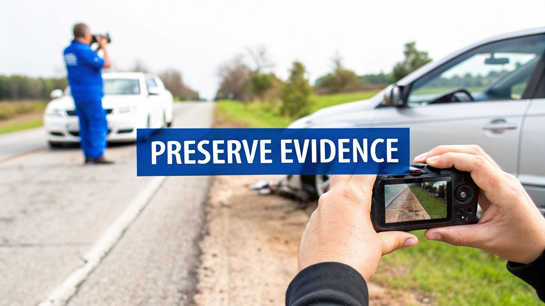 Person photographing car accident scene to preserve evidence while another documents damage in background