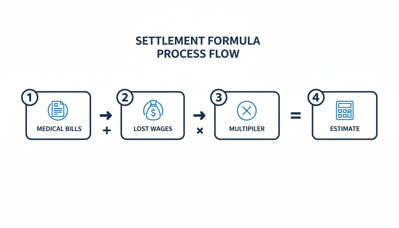 A diagram illustrating the settlement formula process flow, showing (Medical Bills + Lost Wages) x Multiplier = Estimate.