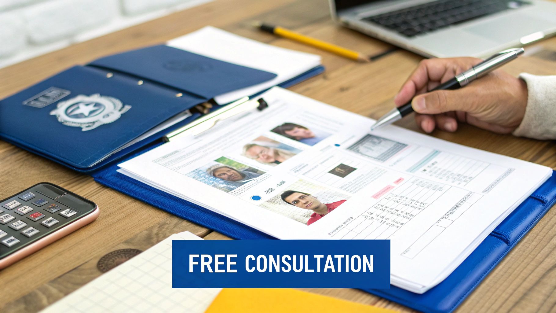 Person reviewing application documents with photos on a desk, near a laptop and folder. Free consultation.