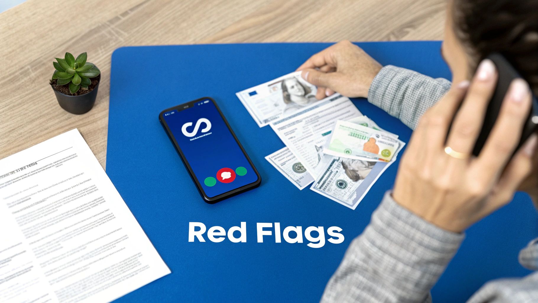 A person on a phone call with money, a smartphone, and documents on a desk, highlighting 'Red Flags'.