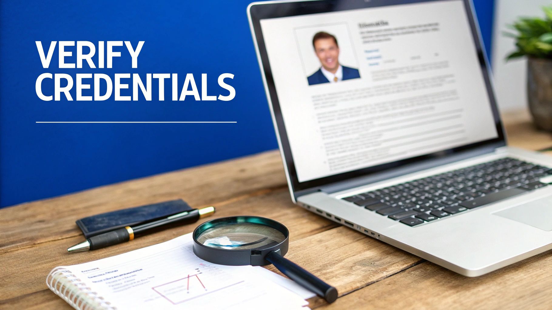 Laptop displaying professional credentials verification document with magnifying glass on wooden desk