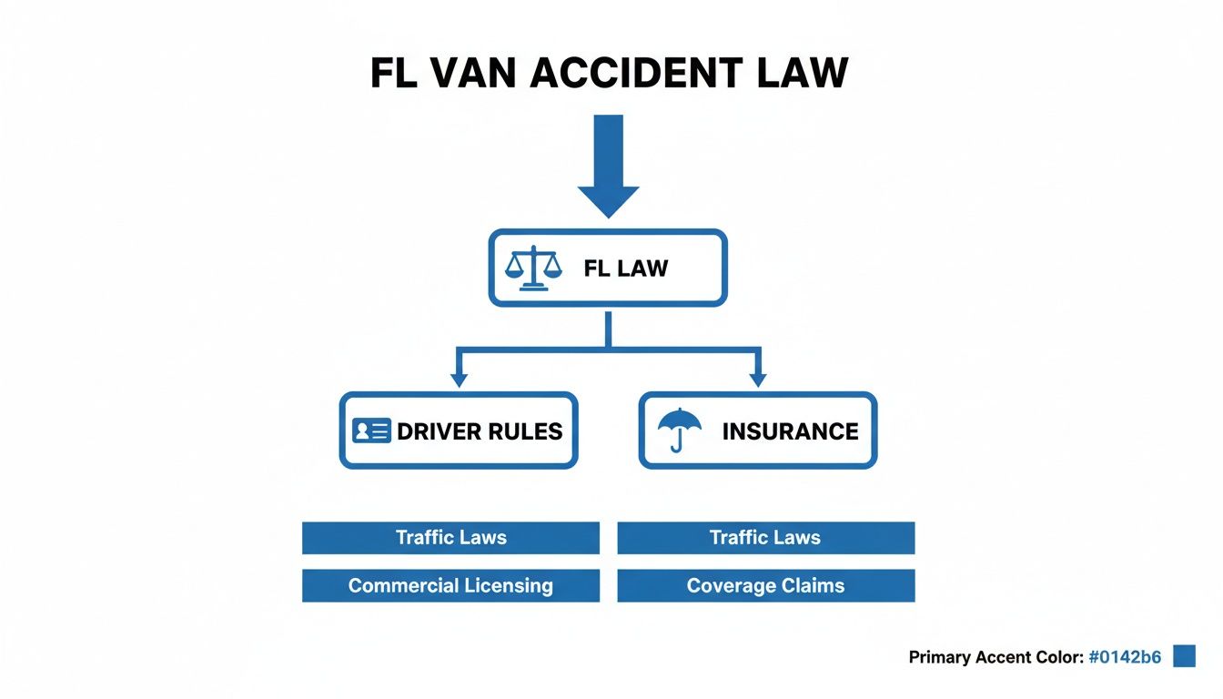 Flowchart illustrating Florida van accident law, detailing driver rules and insurance components.