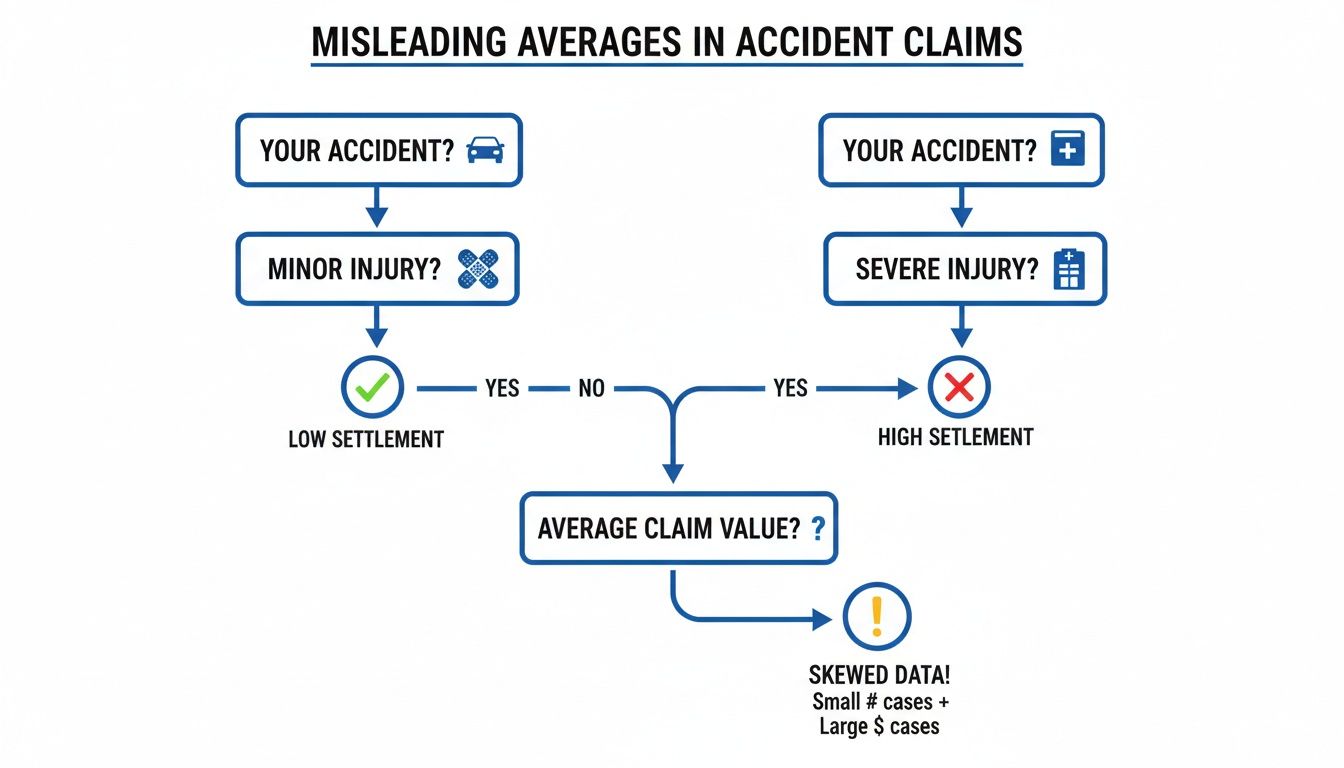 Flowchart illustrating how misleading averages arise in accident claims due to minor versus severe injuries.