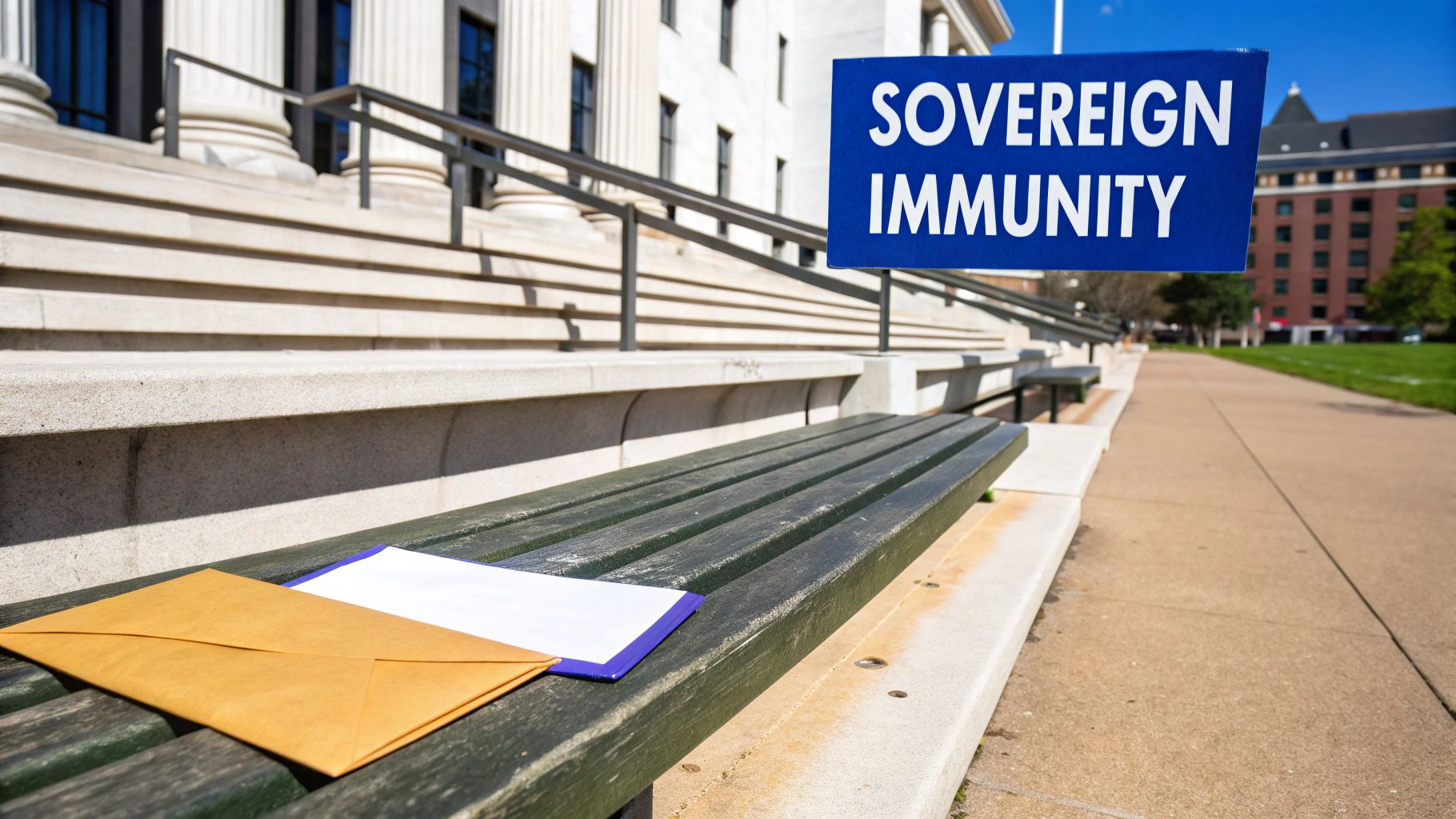 A blue "SOVEREIGN IMMUNITY" sign stands outside a courthouse with steps, a bench, and an envelope.