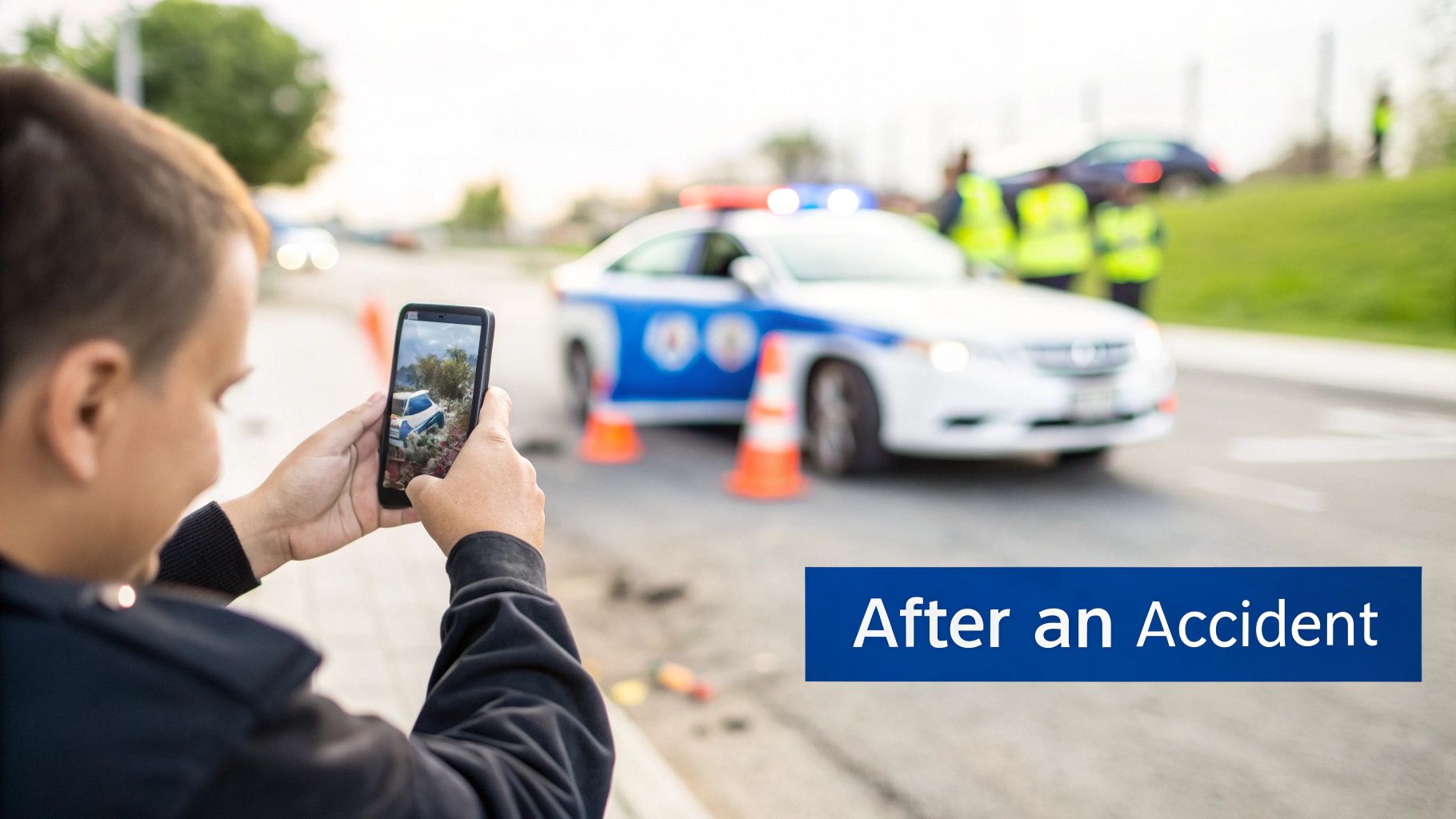 Person taking a photo of a car accident scene with a police car and officers using a smartphone.