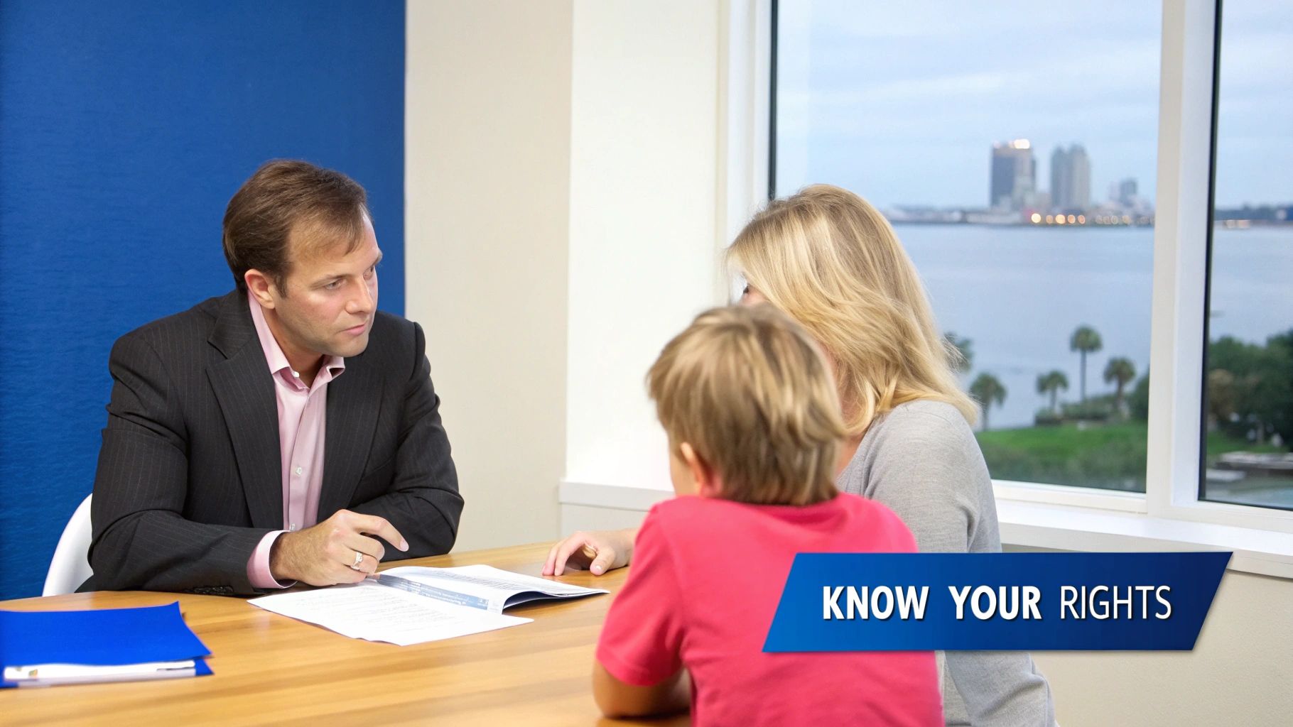 A man in a suit speaks with a woman and child at a table, discussing documents with a city view.