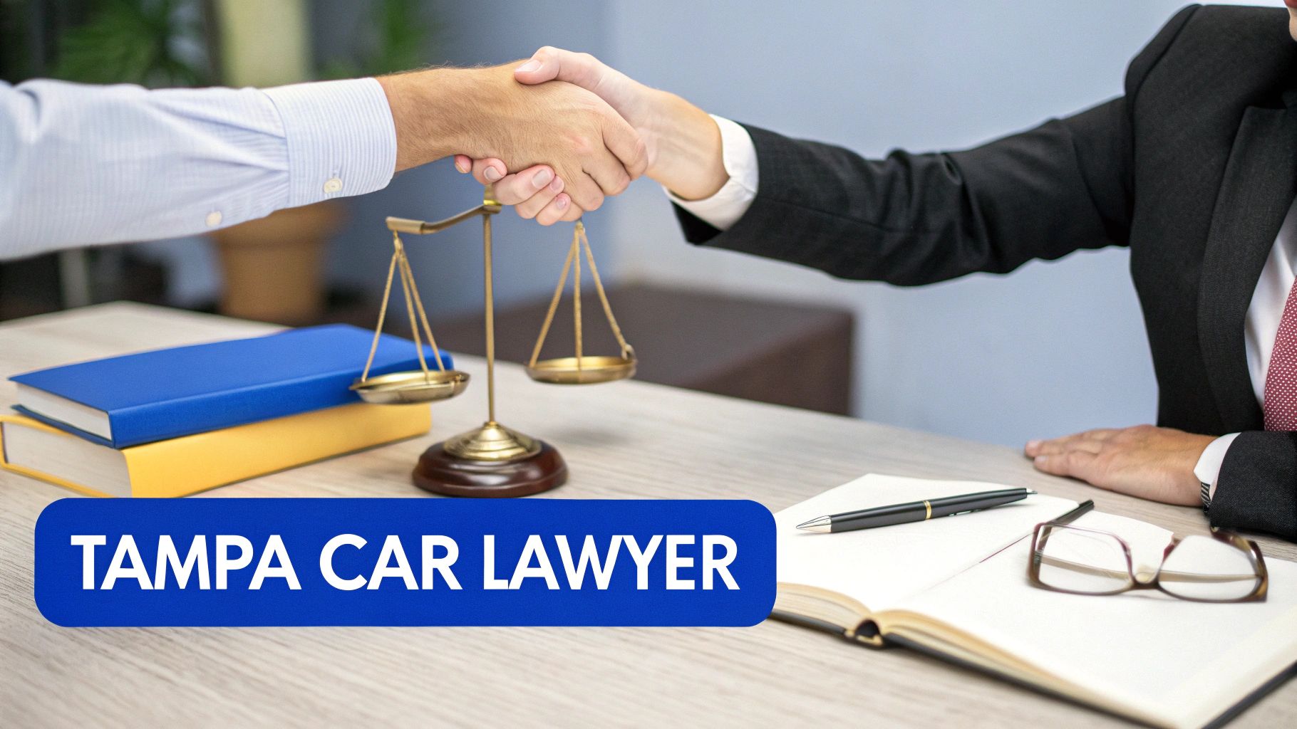 Two people shaking hands over a desk with a scale of justice, books, and 'Tampa Car Lawyer' text.