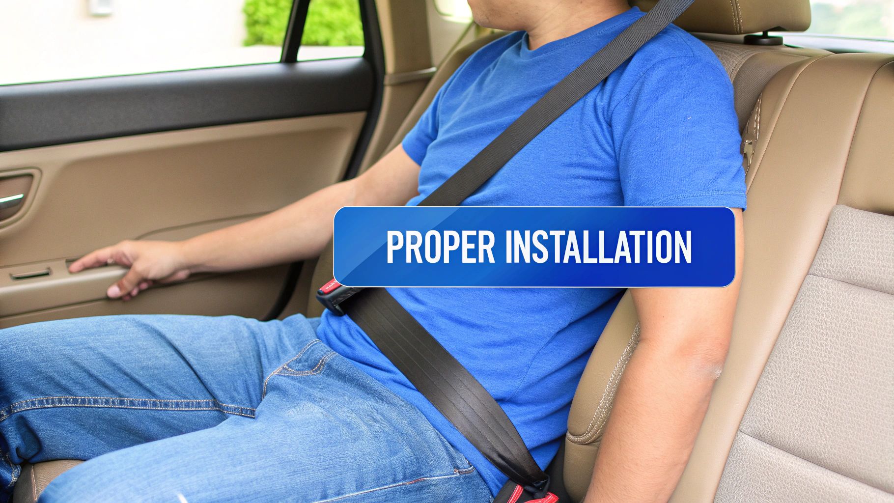 A person in a blue shirt and jeans correctly wearing a seatbelt in a car's back seat.