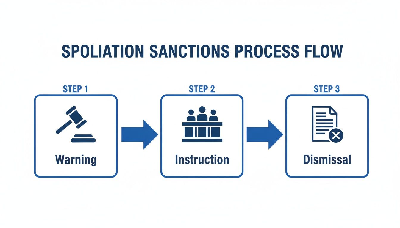 Flowchart illustrating the spoliation sanctions process, detailing steps: Warning, Instruction, and Dismissal.