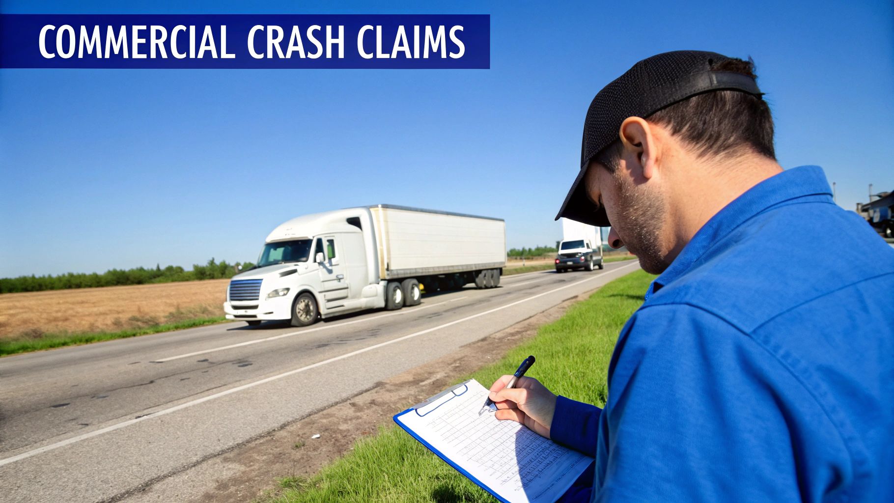 An insurance adjuster documents details on a clipboard beside a highway with a commercial truck.