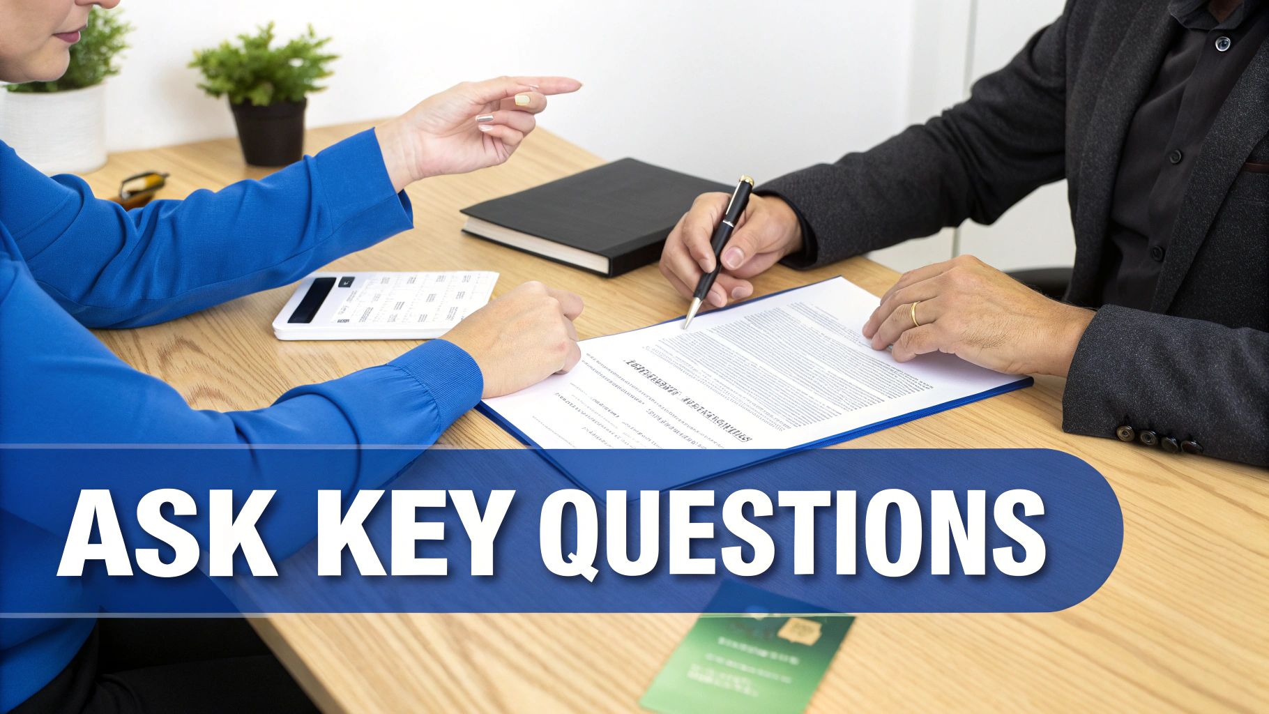 Two people discussing a document at a desk, with one pointing and the other holding a pen, and a calculator nearby.