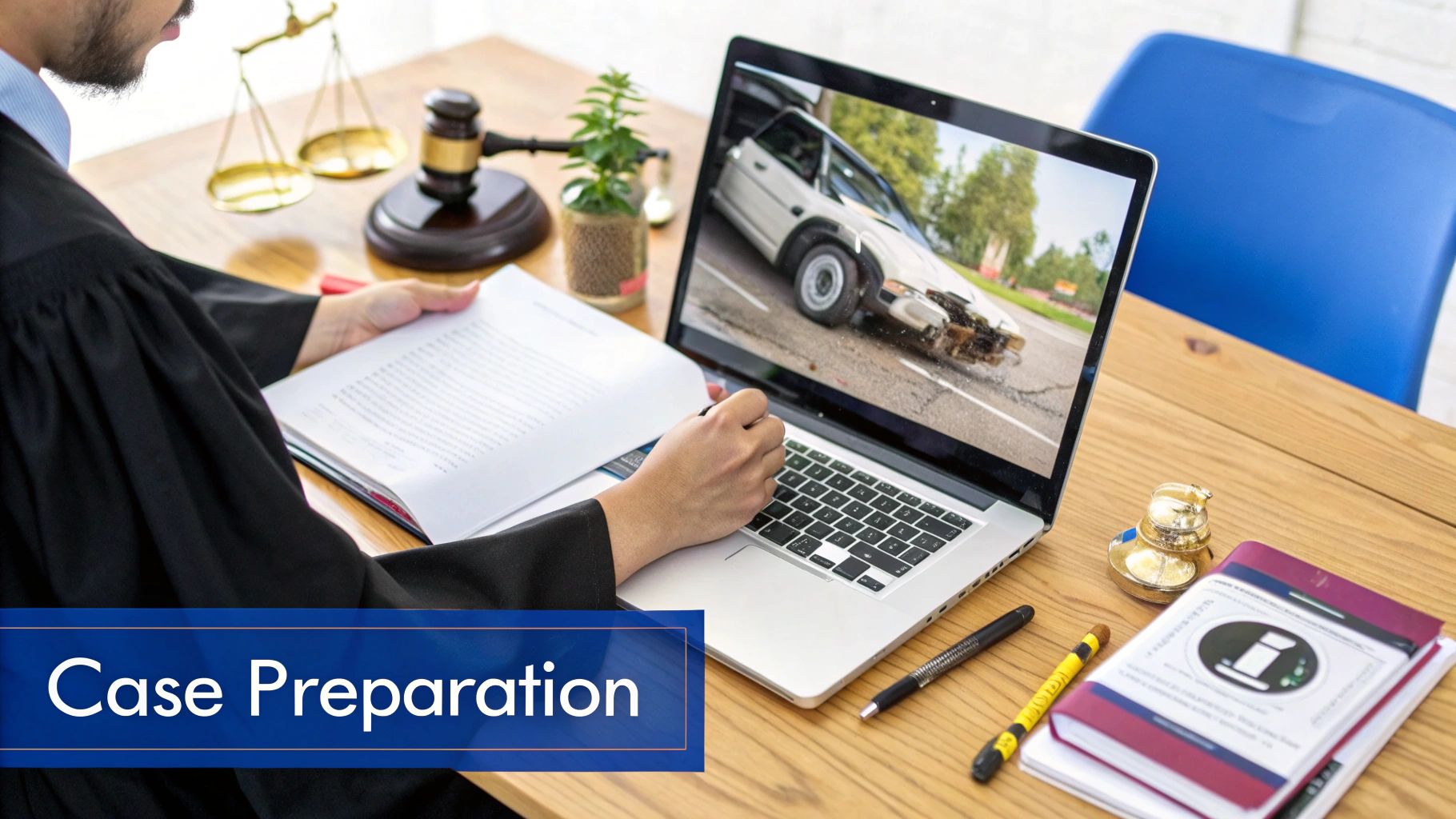 A legal professional prepares a case, reviewing documents and a laptop displaying a car accident.