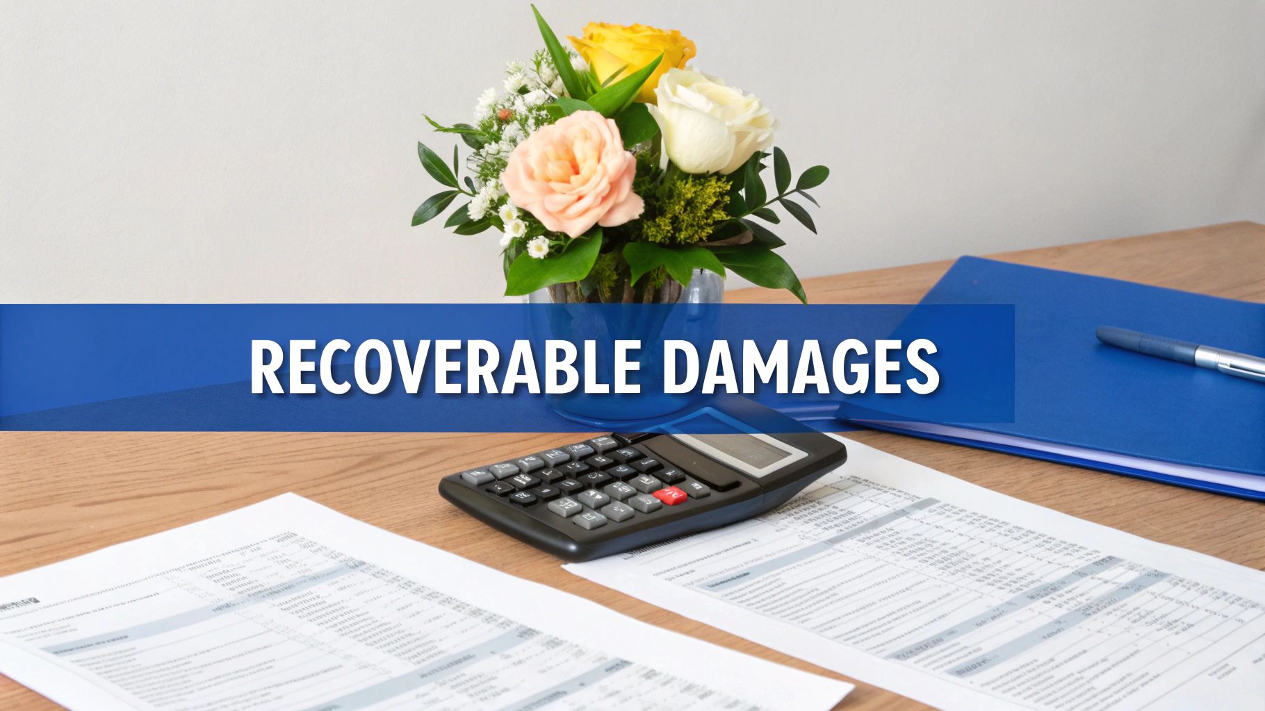 A desk with financial documents, a calculator, a blue folder, a pen, and flowers, with text 'RECOVERABLE DAMAGES'.