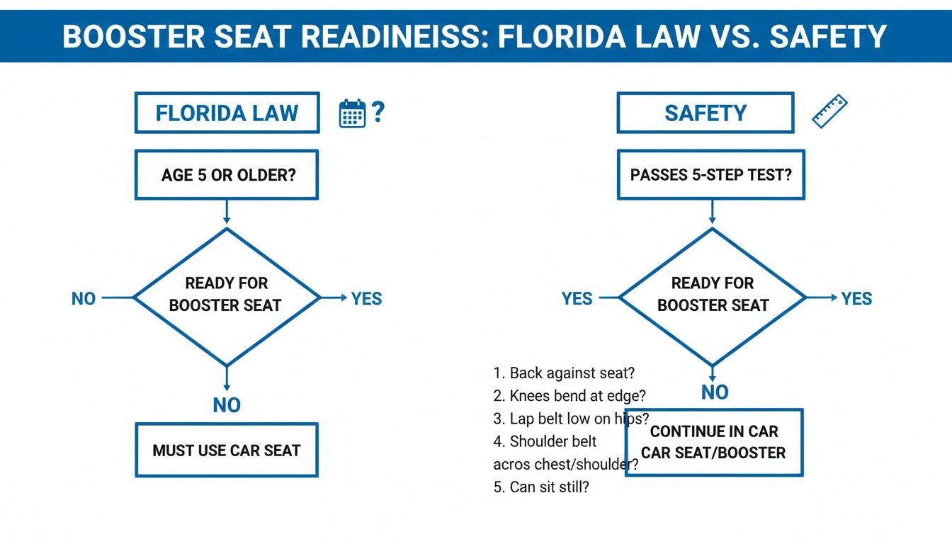 Flowchart comparing Florida law (age 5 or older) and safety (5-step test) for booster seat readiness.