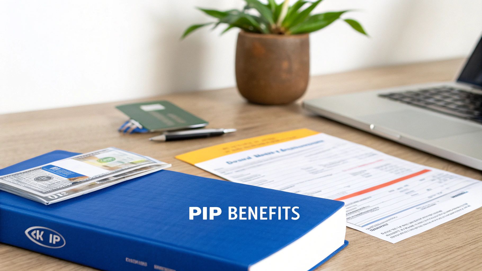 A blue book displaying 'PIP BENEFITS' on a desk with money, documents, a laptop, and a plant.