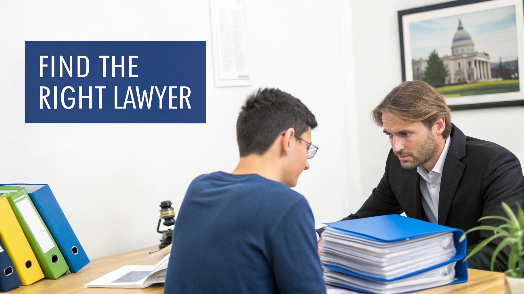 A person sitting at a desk, looking at documents and a laptop, preparing for a legal consultation.