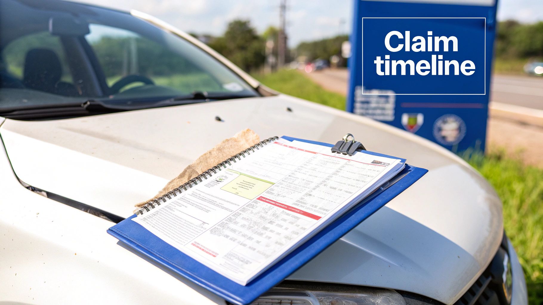 A person signing an insurance claim document on a clipboard.