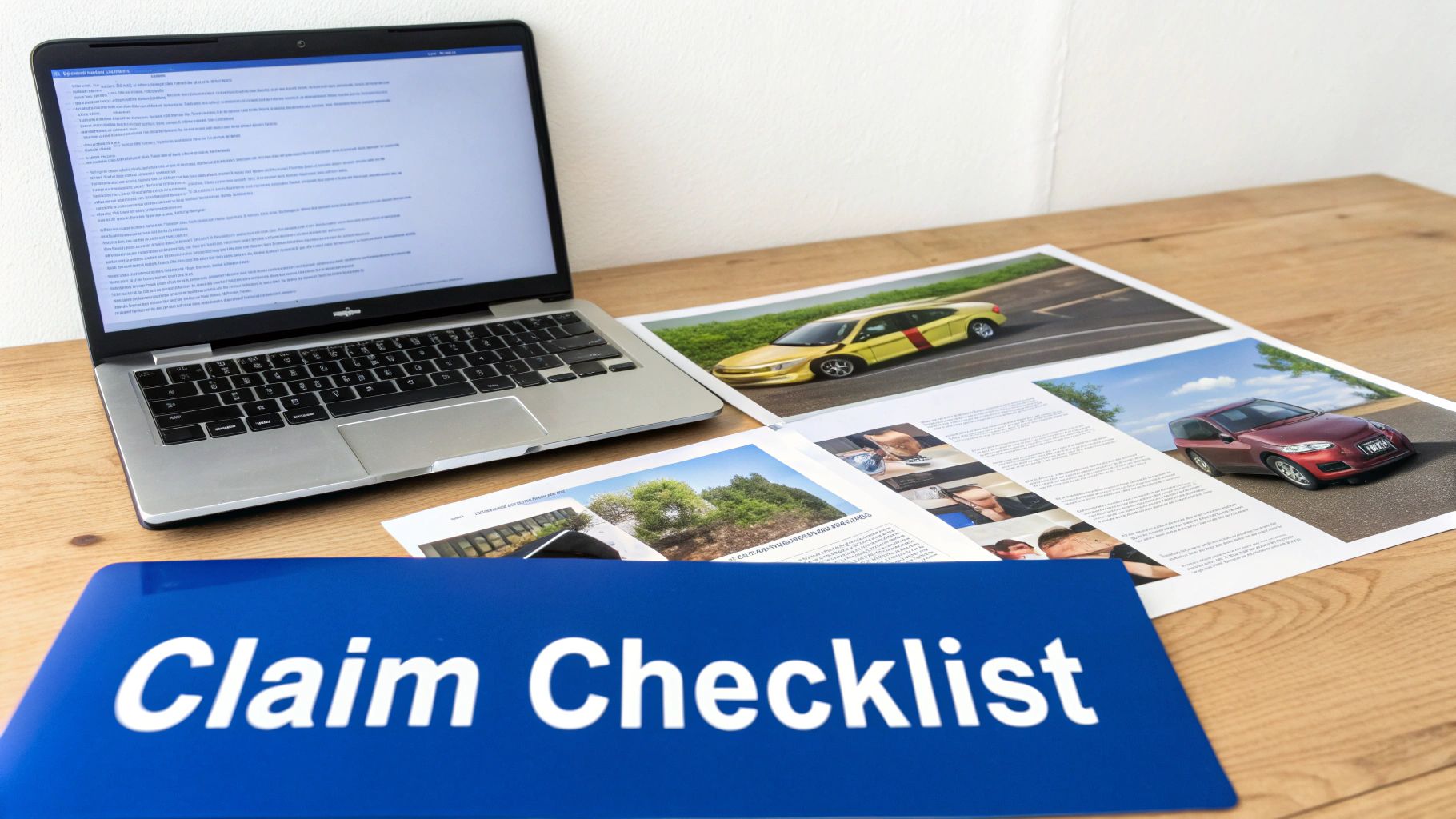 A laptop, printed documents with car images, and a 'Claim Checklist' folder on a wooden desk.
