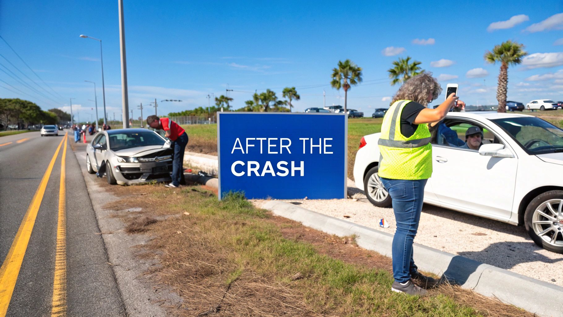 A man inspects a crashed car while a woman photographs another, beside an 'AFTER THE CRASH' sign.