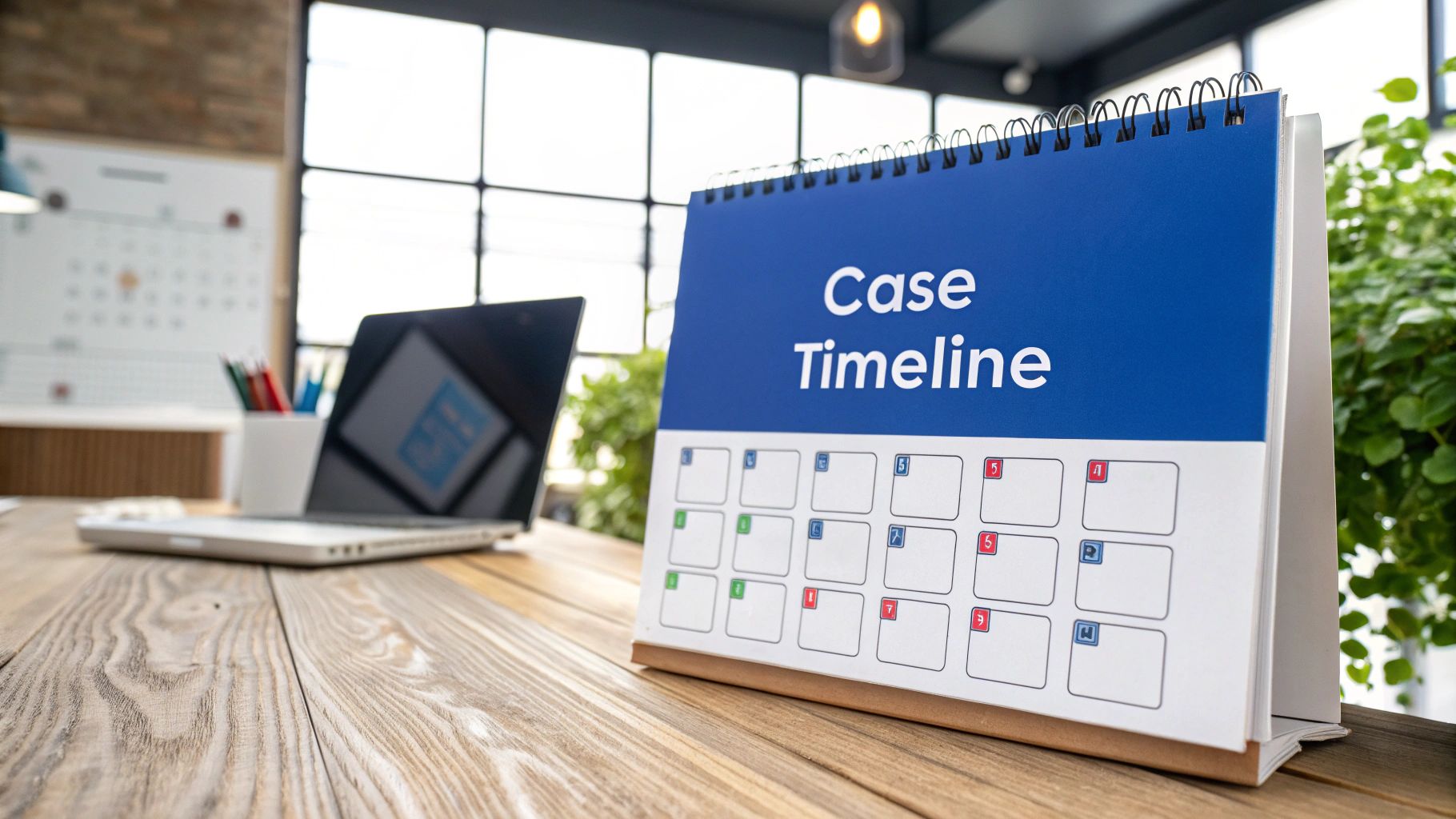 Close-up of a 'Case Timeline' desk calendar on a rustic wooden table in an office setting.
