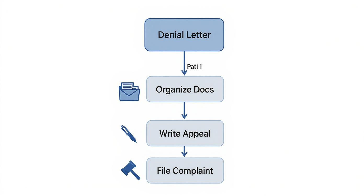 Flowchart showing steps after a denial letter: organize documents, write appeal, and file complaint.