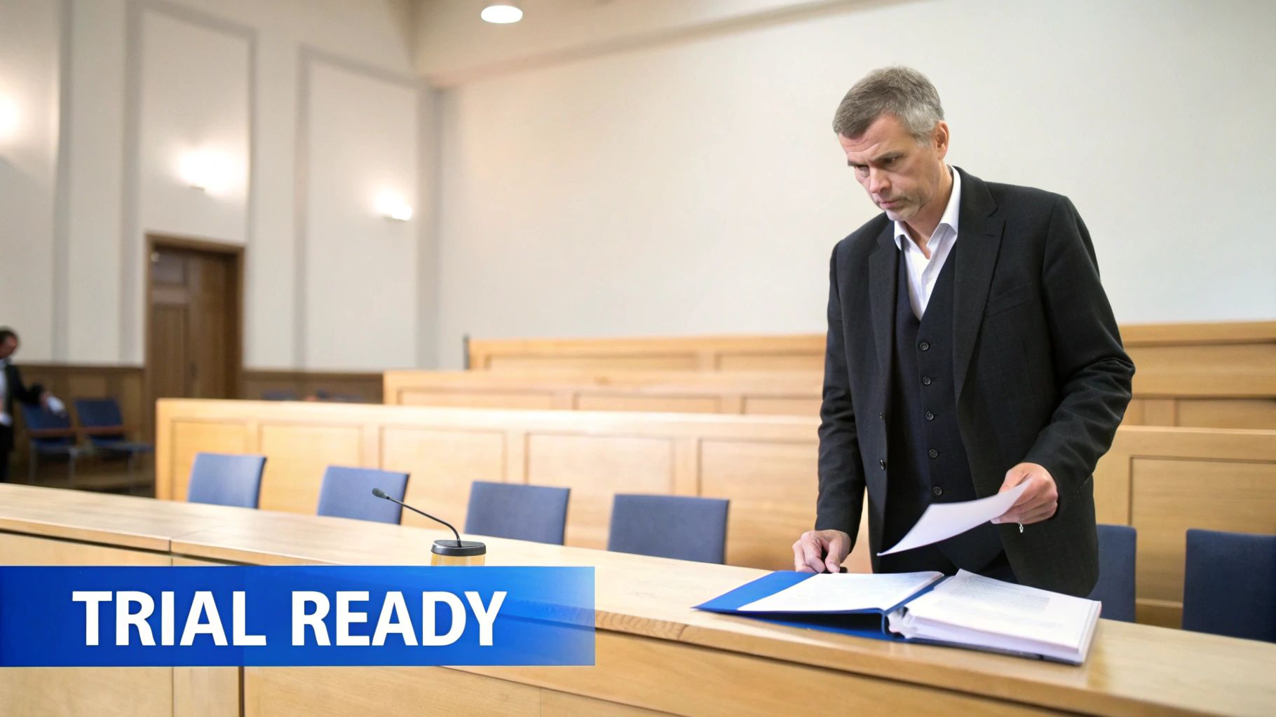 A lawyer in a suit and vest reviews documents at a wooden table in a courtroom, with a "TRIAL READY" banner.
