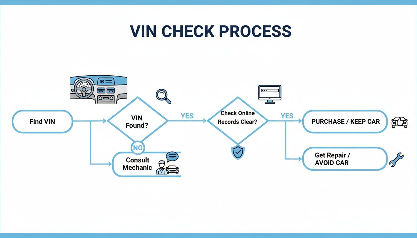 A flowchart detailing the VIN check process for a car, covering finding the VIN, checking online records, and deciding to purchase or repair.
