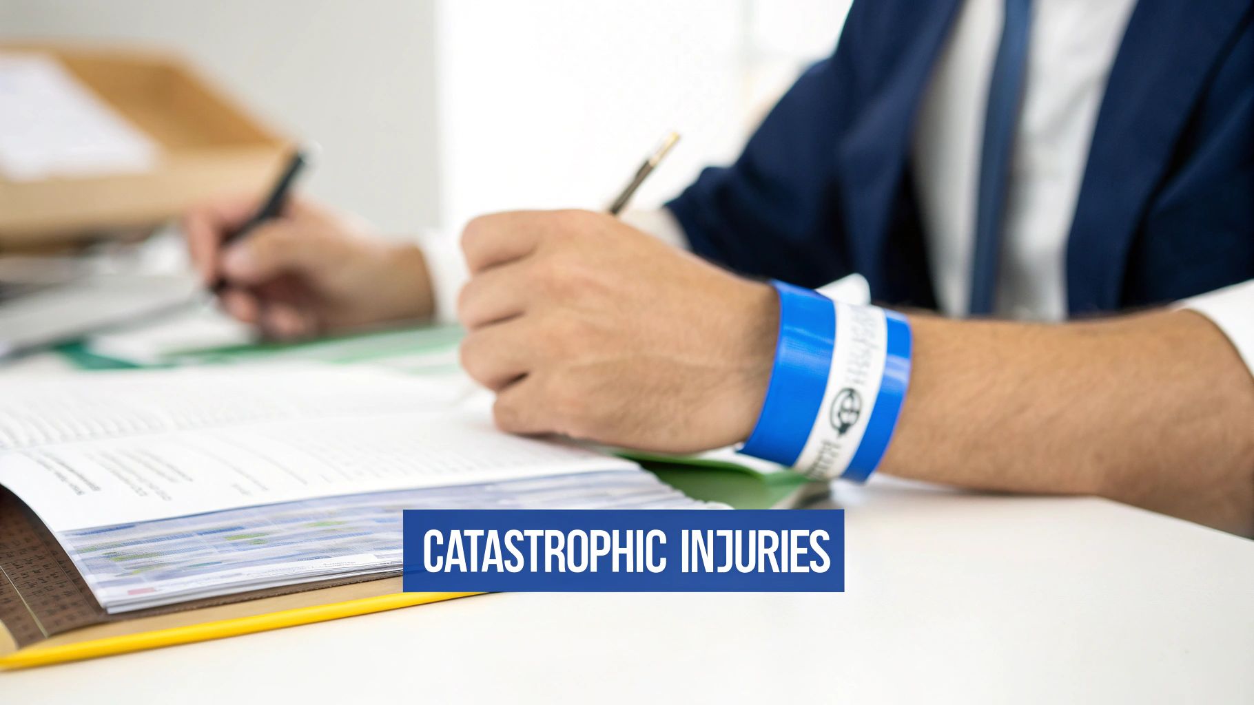 Person in a suit writing on legal documents, wearing a blue wristband, with 'Catastrophic Injuries' overlay.