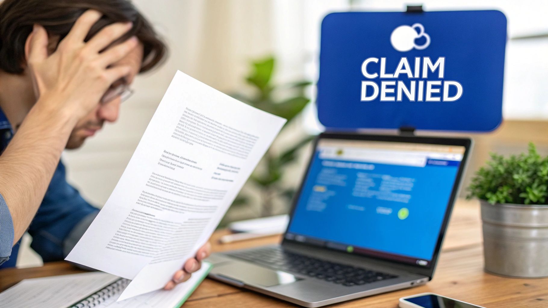 Stressed man holding a document, with a 'CLAIM DENIED' sign in the background, next to a laptop.