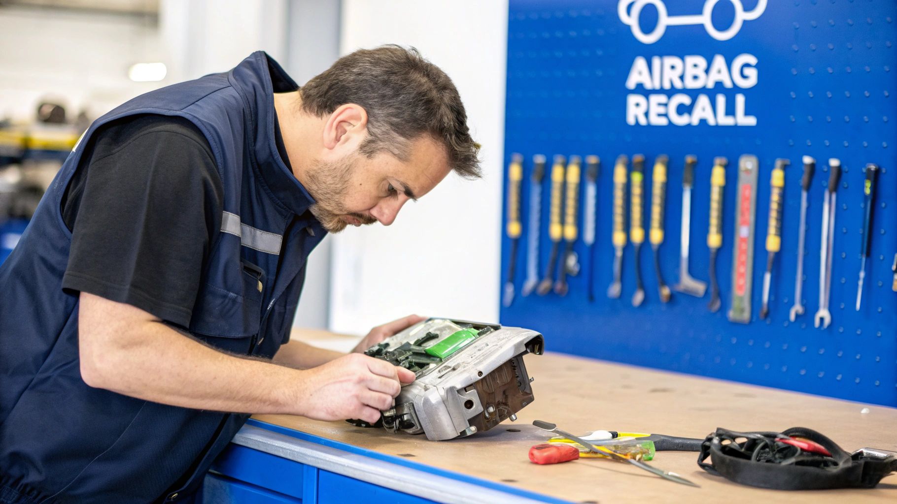 A focused male mechanic inspects an automotive component on a workbench, with an 'Airbag Recall' sign in the background.