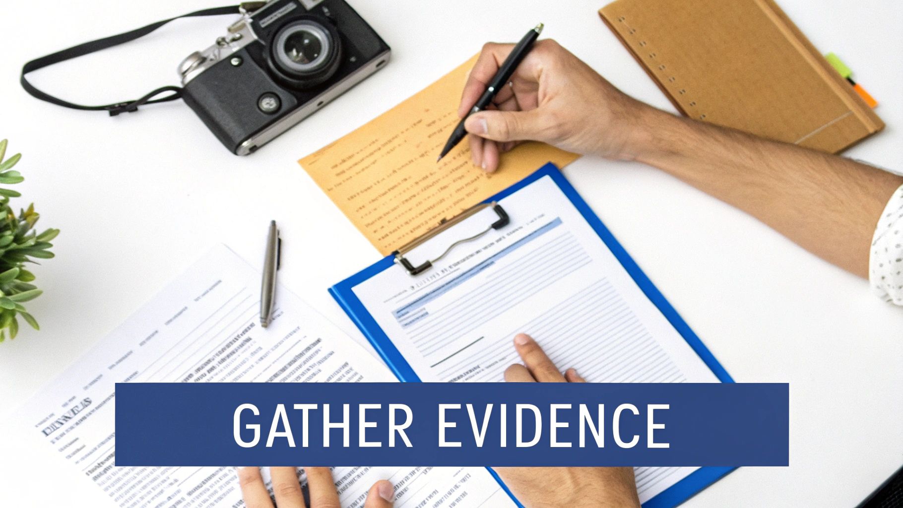 Close-up of a magnifying glass over legal documents, representing the careful gathering of evidence.