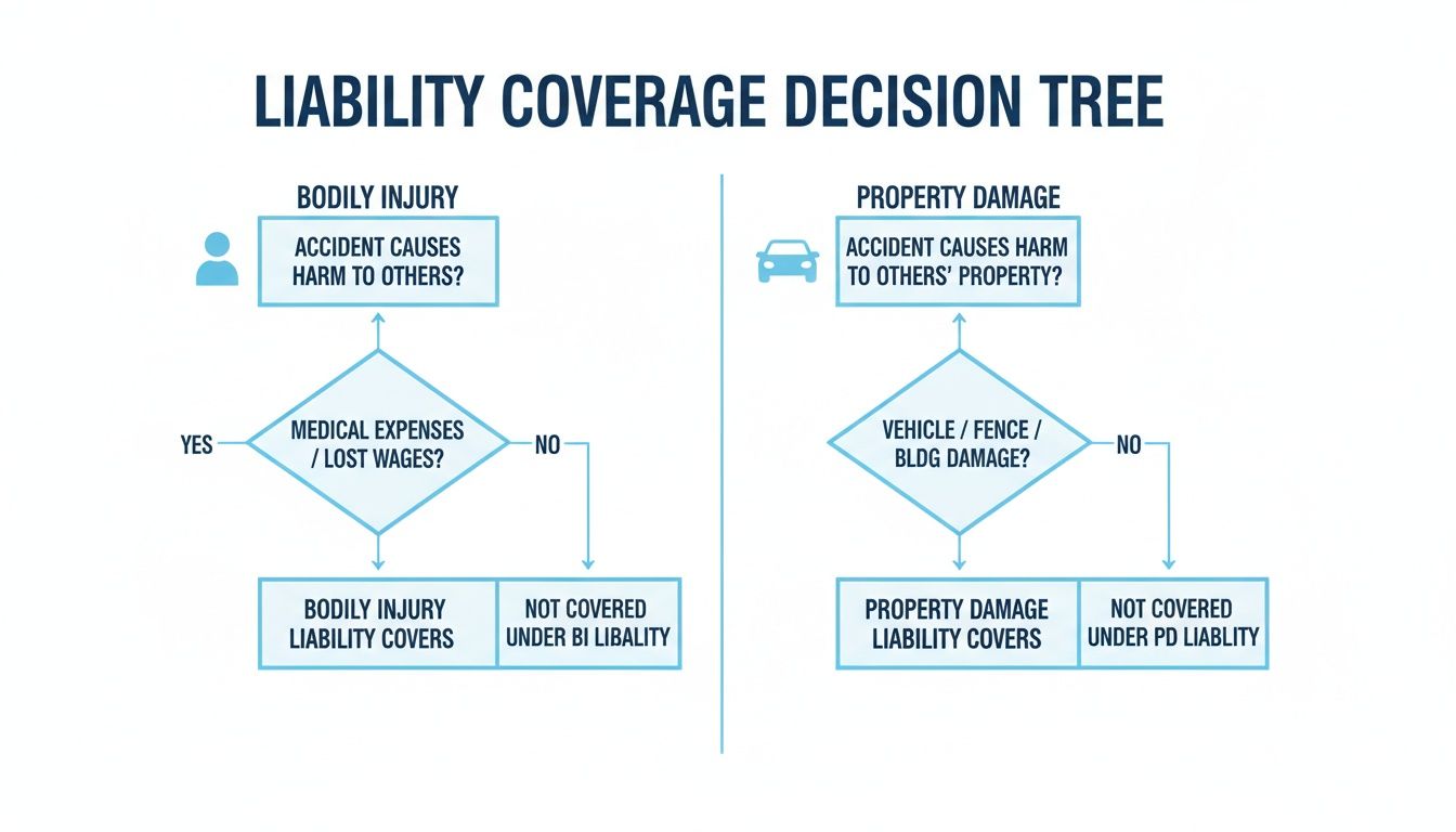 Flowchart detailing liability coverage decision for bodily injury and property damage, outlining conditions for coverage.