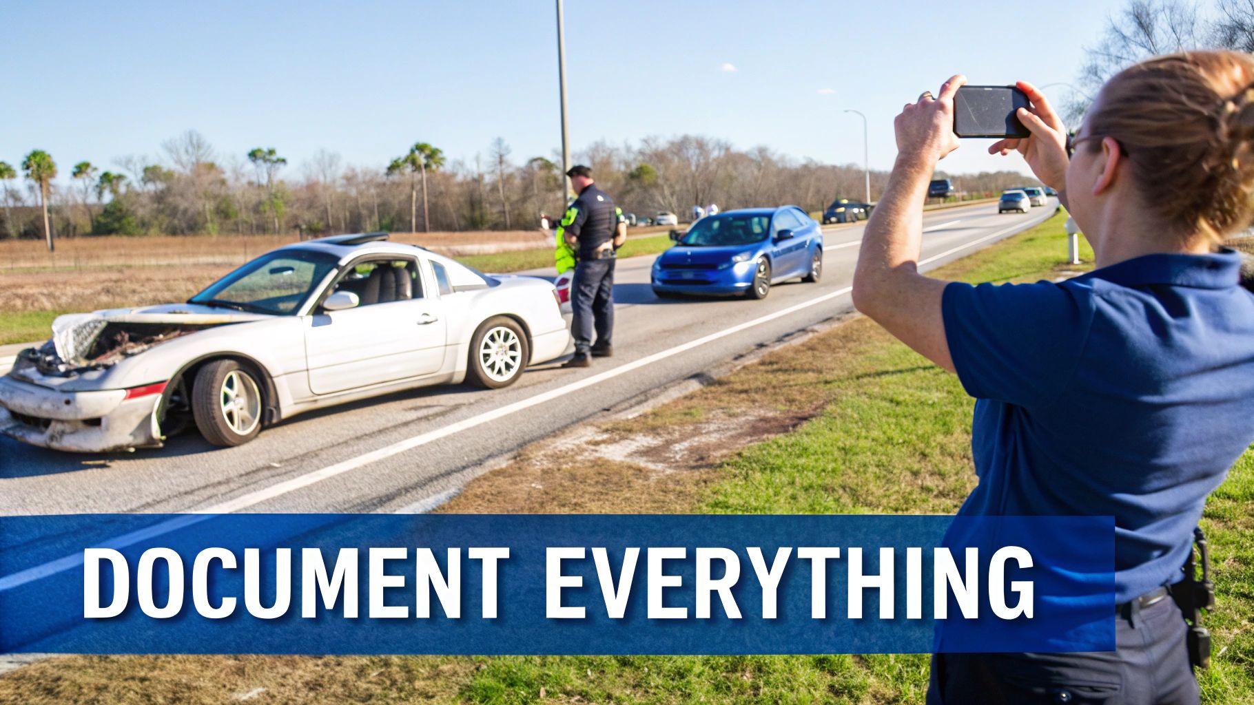 Woman taking a photo of a car accident scene with a police officer and damaged white car.