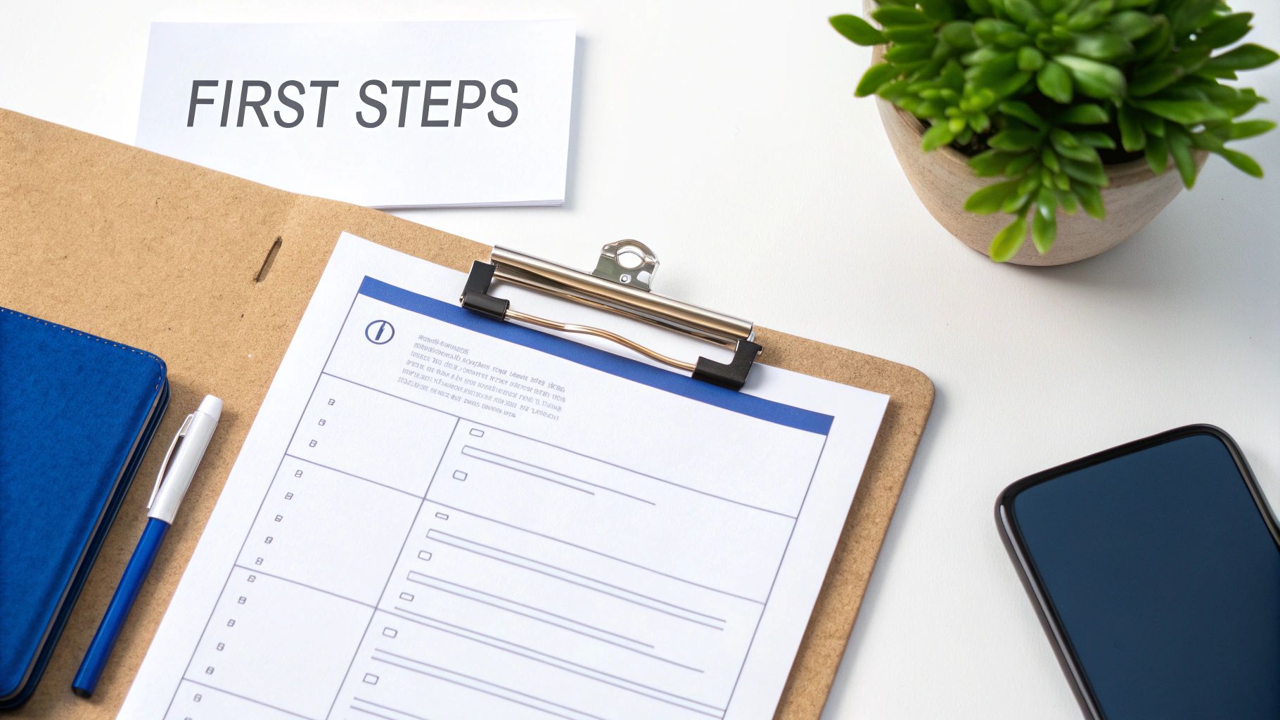 A flat lay of a desk with a 'FIRST STEPS' paper, clipboard, pen, plant, and smartphone.