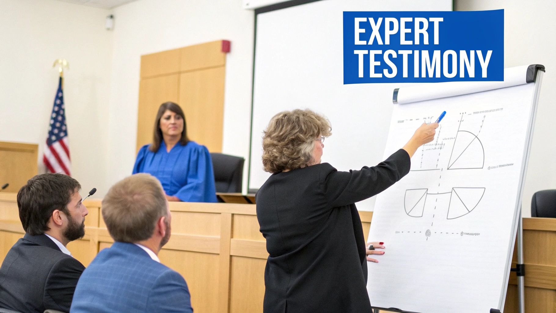 An expert witness explains diagrams on a flip chart in a courtroom, with a judge and observers.
