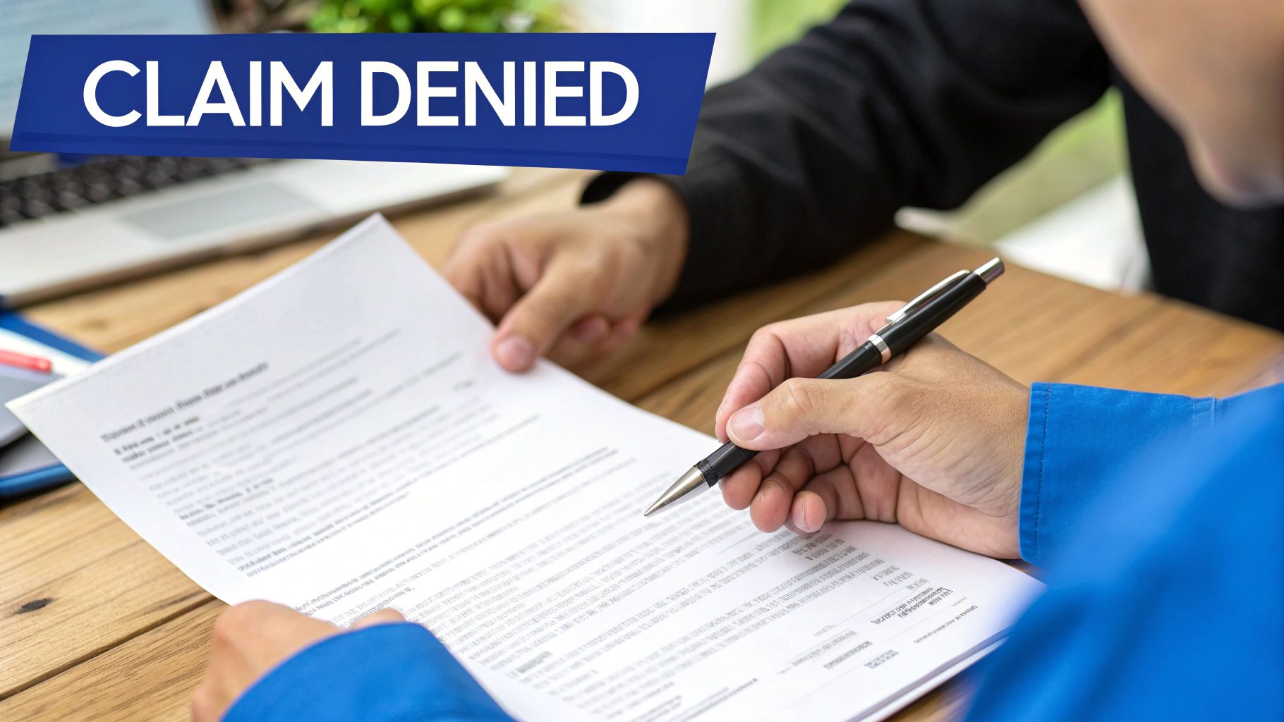 A frustrated person reviewing insurance documents at a desk