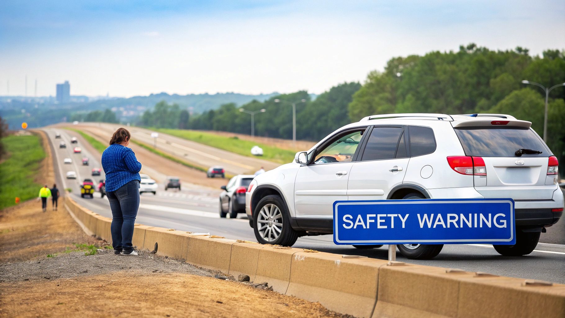 A woman stands beside a white SUV and a safety warning sign on a busy highway.