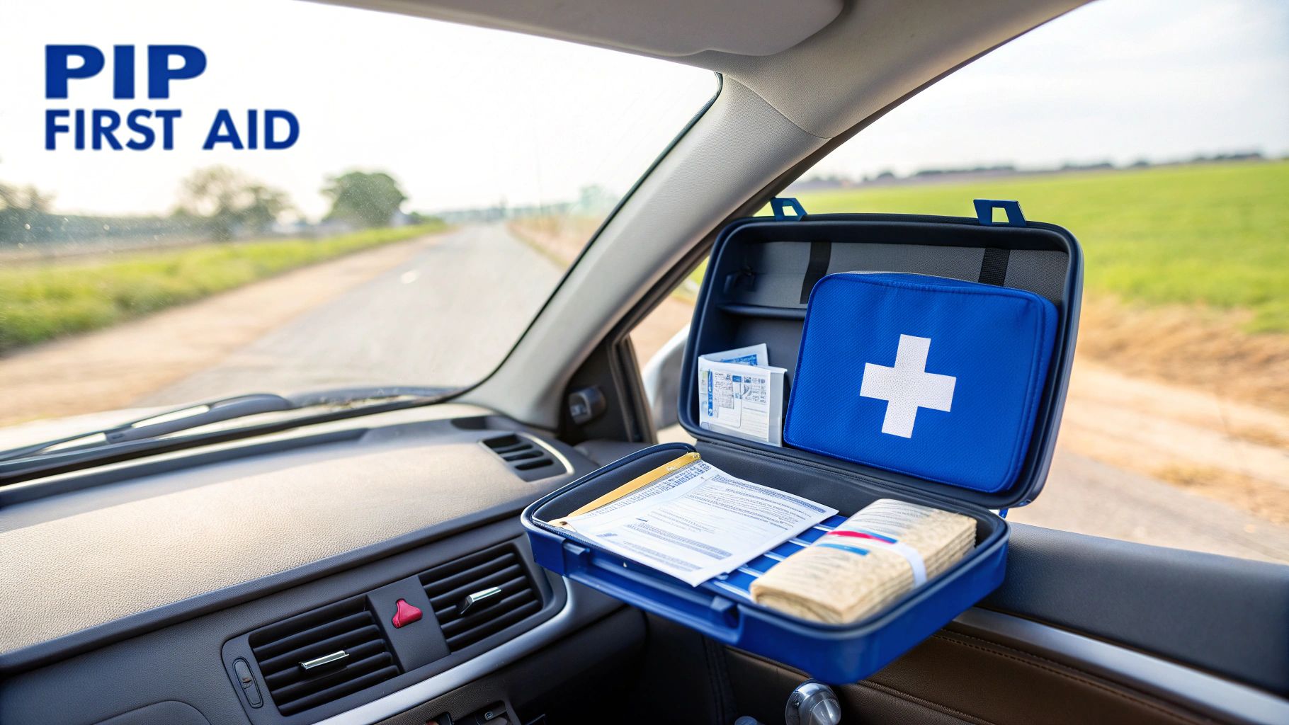 An open blue first aid kit with a white cross bag inside a car on a roadside.