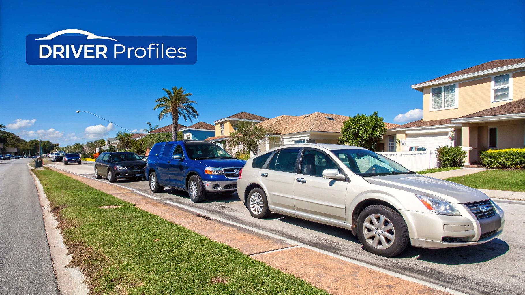 A group of diverse drivers standing near their cars in a sunny Florida setting.