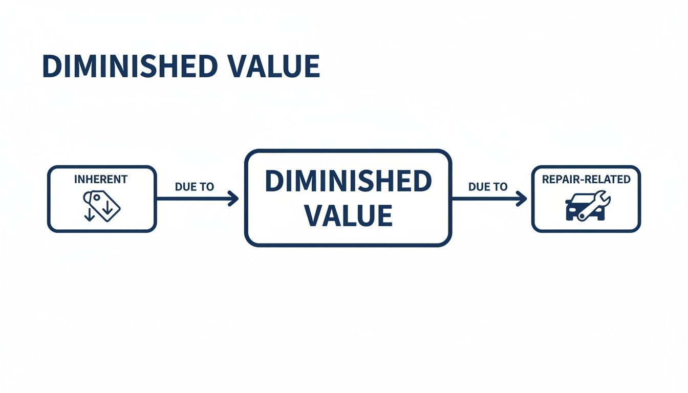 A flowchart titled 'Diminished Value' illustrating it is due to inherent or repair-related causes.