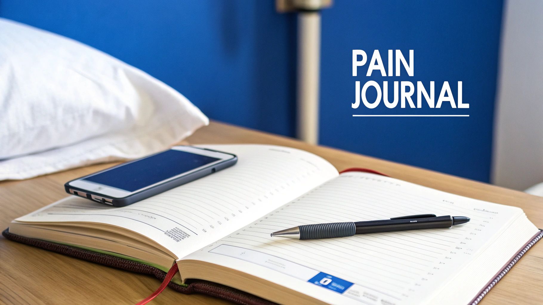 An open 'Pain Journal' with a pen and smartphone on a wooden table, beside a white pillow.