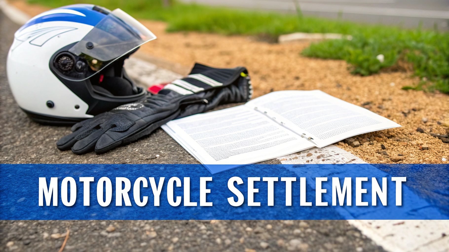 Motorcycle helmet, gloves, and open legal documents on asphalt, with 'MOTORCYCLE SETTLEMENT' banner.