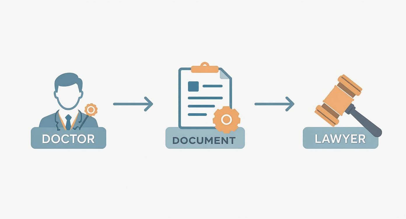 A flowchart showing a doctor, then documents, leading to a lawyer, representing a legal or medical process.