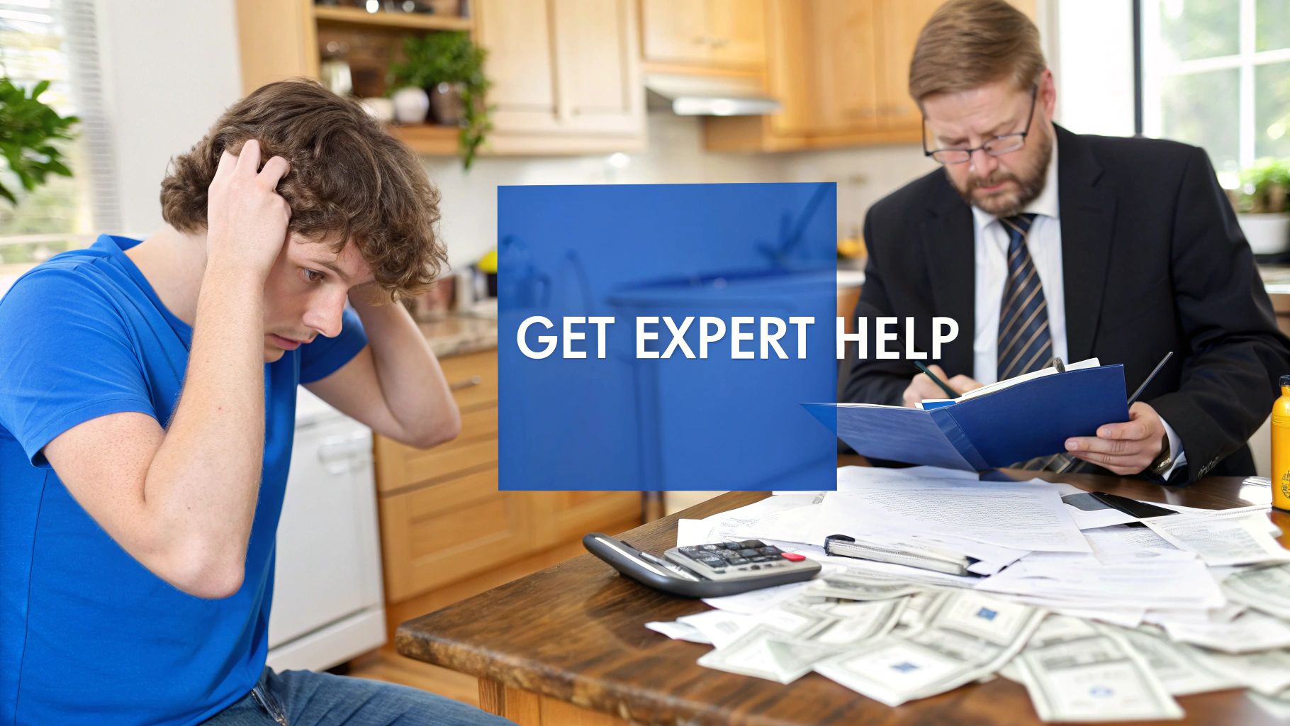 A distressed young man next to an expert in a suit reviewing documents and cash, with text 'GET EXPERT HELP'.