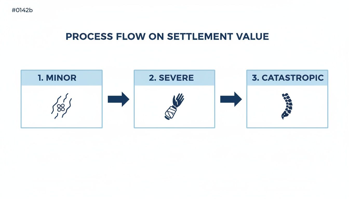 A process flow diagram illustrating injury severity progression from minor to severe to catastrophic for settlement value.