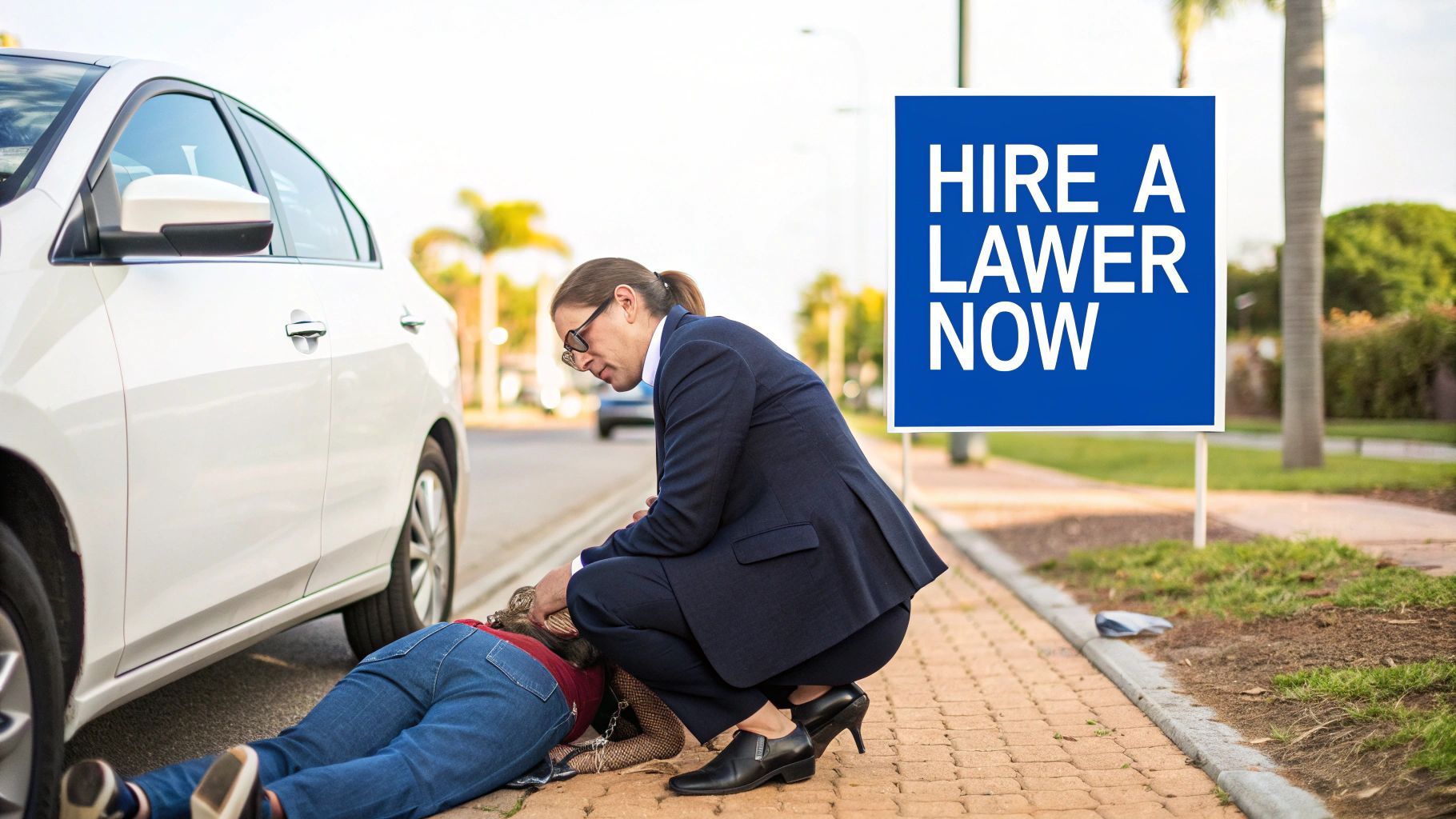 A legal professional assists an injured individual on the ground near a white car, with a 'Hire a Lawyer Now' sign.