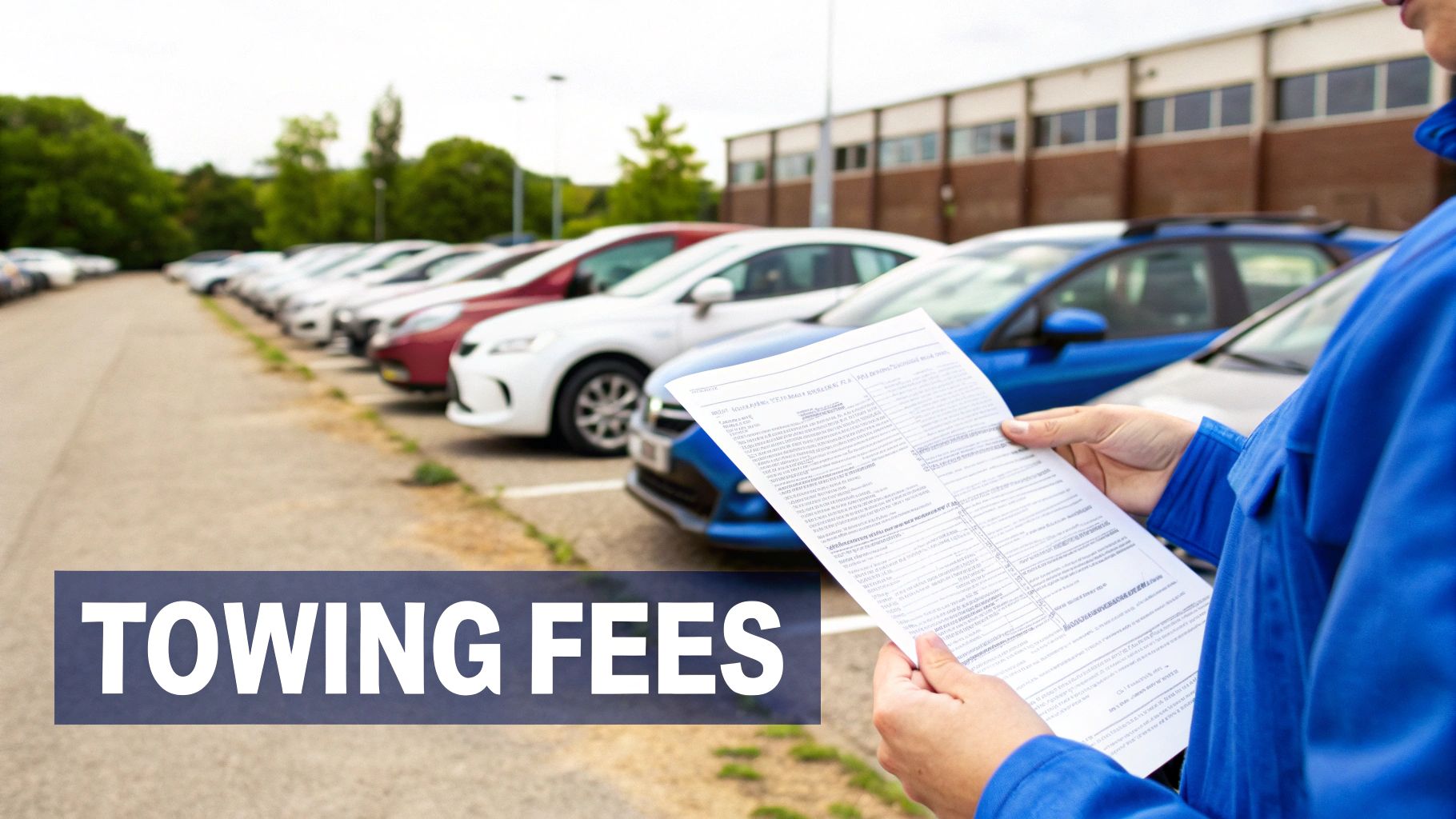 A person in blue holds a document with "TOWING FEES" text overlay in a parking lot.