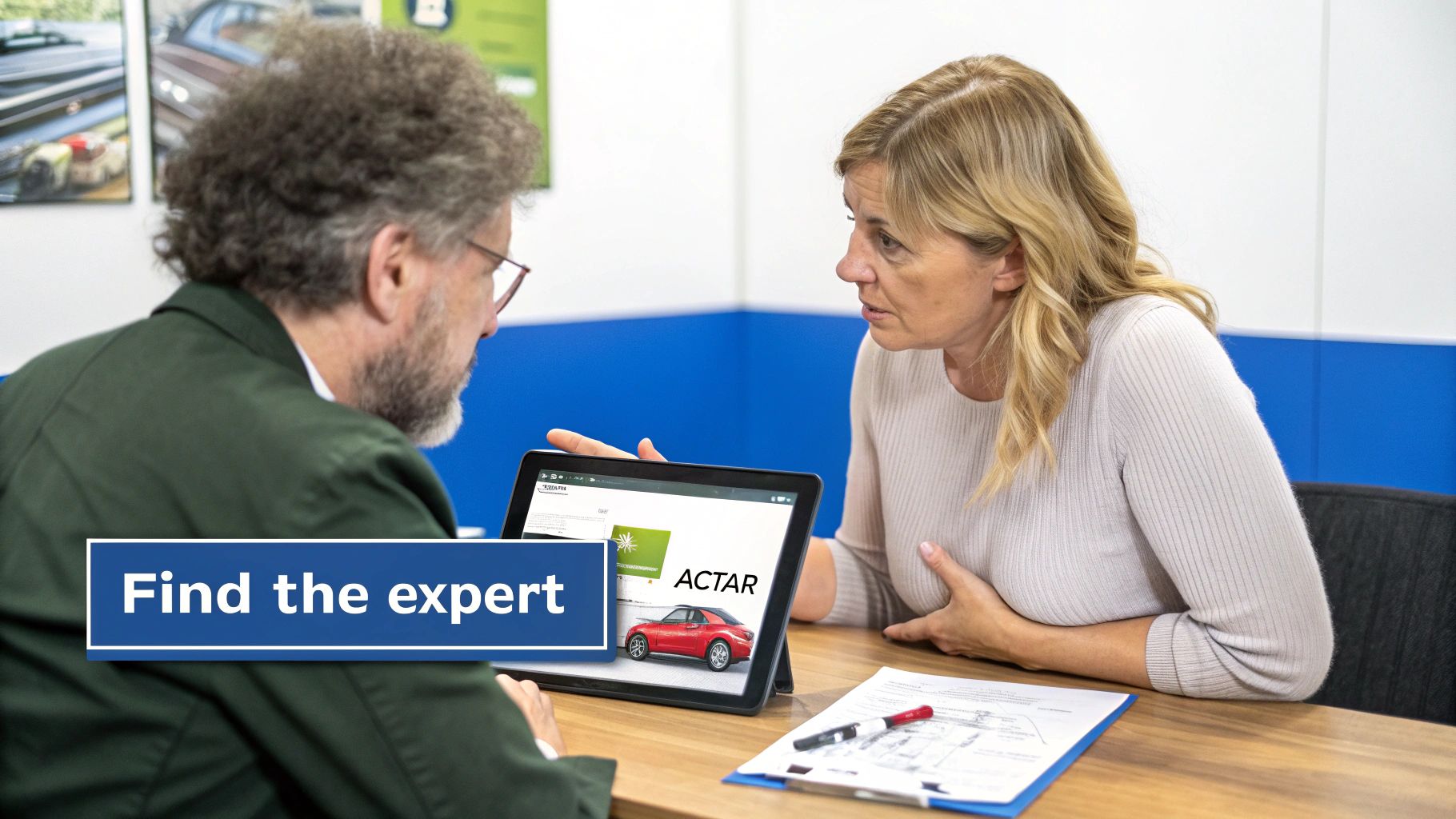 An expert discusses car accident reconstruction with a woman, showing ACTAR details on a tablet.