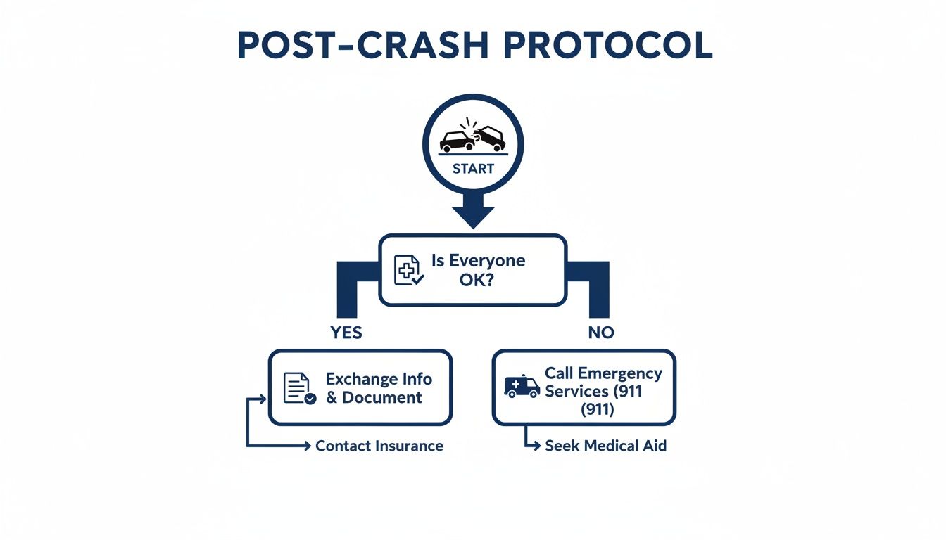 Flowchart outlining post-crash protocol for car accidents, guiding actions based on injury status.