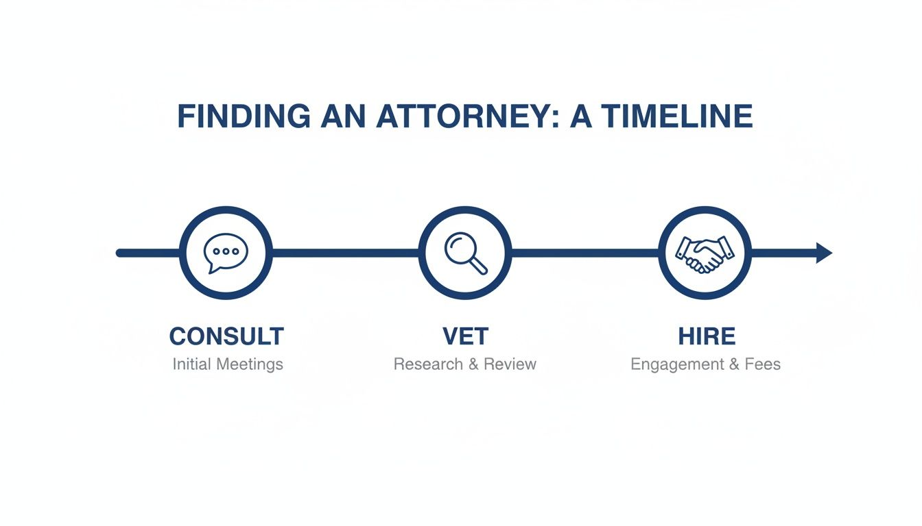 A timeline diagram illustrating the three steps to finding an attorney: Consult, Vet, and Hire.